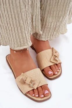 Boto Klapki Damskie Klasyczne*Klapki Damskie Na Płaskim Obcasie Z Kokardą Beżowe Sallariela Beżowy