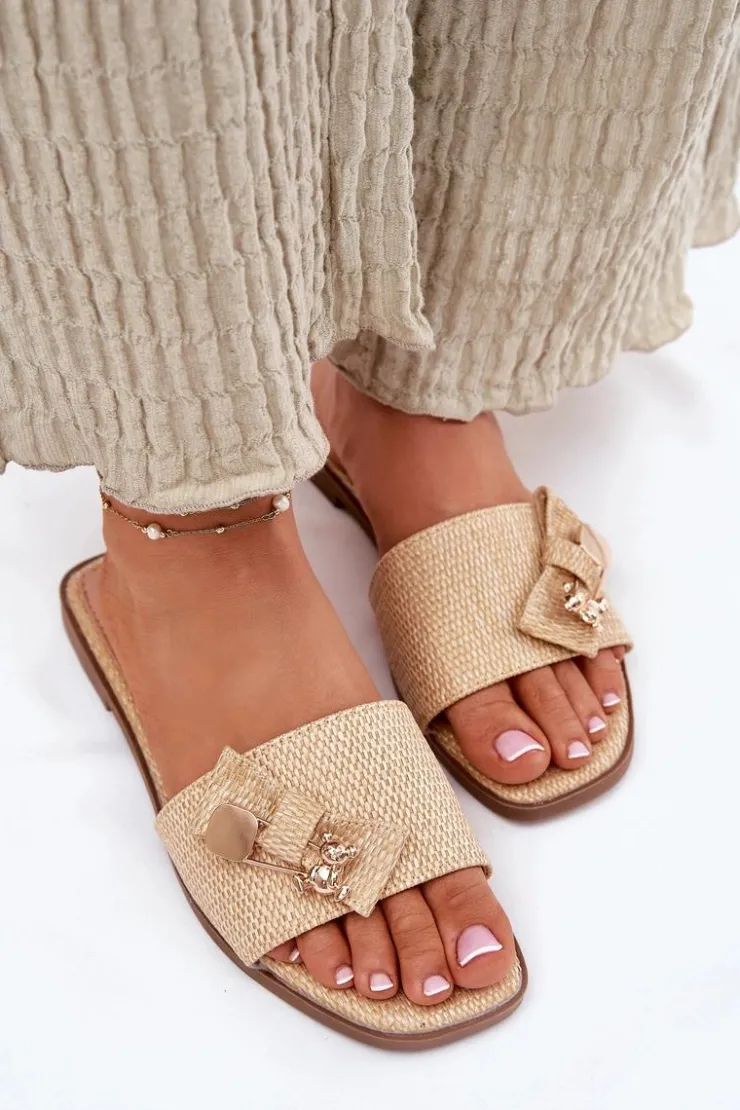 Boto Klapki Damskie Klasyczne*Klapki Damskie Na Płaskim Obcasie Z Kokardą Beżowe Sallariela Beżowy