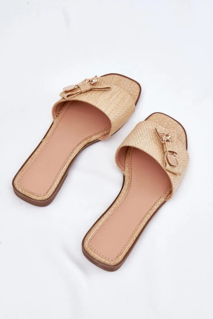 Boto Klapki Damskie Klasyczne*Klapki Damskie Na Płaskim Obcasie Z Kokardą Beżowe Sallariela Beżowy