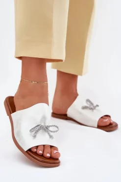 New Evento Klapki Damskie Na Płaskim Obcasie Z Ozdobnym Wiązaniem Srebrne Norela Srebrny