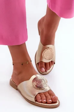 Evento Klapki Damskie Klasyczne*Klapki Damskie Na Płaskim Obcasie Z Ozdobą Złote Rivashea