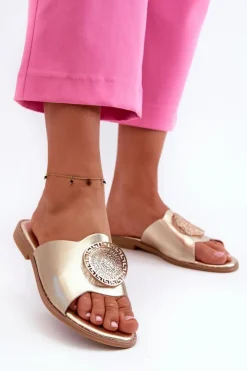 Evento Klapki Damskie Klasyczne*Klapki Damskie Na Płaskim Obcasie Z Ozdobą Złote Rivashea