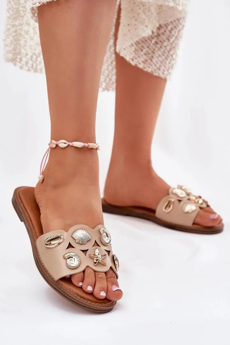 Sale Boto Klapki Damskie Na Płaskim Obcasie Ze Złotymi Przypinkami Beżowe Nalothiel Beżowy