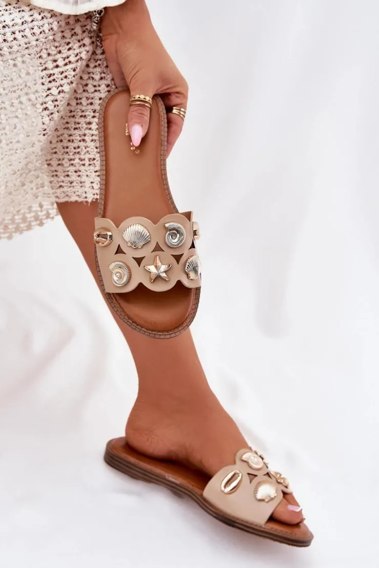 Sale Boto Klapki Damskie Na Płaskim Obcasie Ze Złotymi Przypinkami Beżowe Nalothiel Beżowy