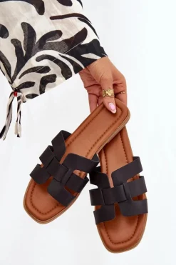 Discount Boto Klapki Damskie Na Płaskim Obcasie Czarne Mirona Czarny