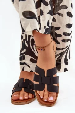 Discount Boto Klapki Damskie Na Płaskim Obcasie Czarne Mirona Czarny