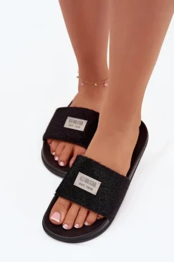 Damskie Big Star Shoes Klapki Damskie Na Piankowej Podeszwie Z Futerkiem Big Star SS274716 Czarne