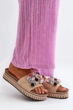 Damskie Damskie buty S.Barski Klapki Damskie Na Platformie Z Ozdobami S.Barski HY077 Beżowe