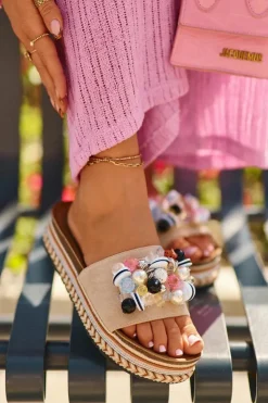 Damskie Damskie buty S.Barski Klapki Damskie Na Platformie Z Ozdobami S.Barski HY077 Beżowe