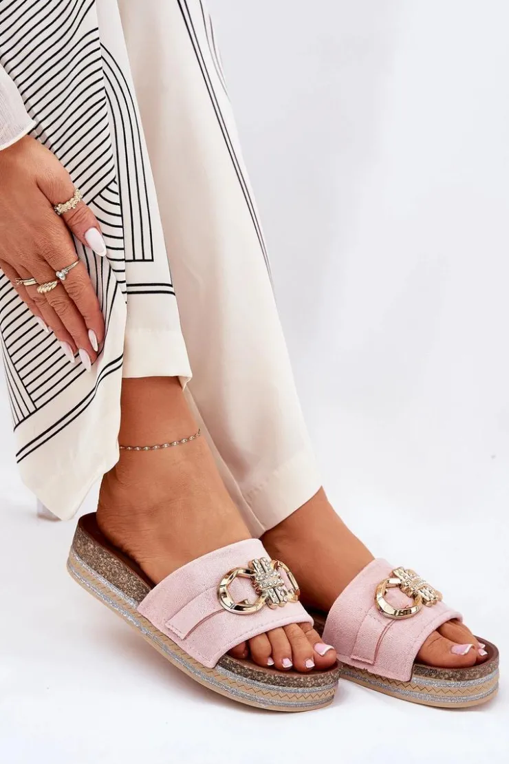 Boto Klapki Korkowe|Klapki Na Platformie*Klapki Damskie Na Platformie Z Brokatem I Złotą Ozdobą Różowe Rilirea