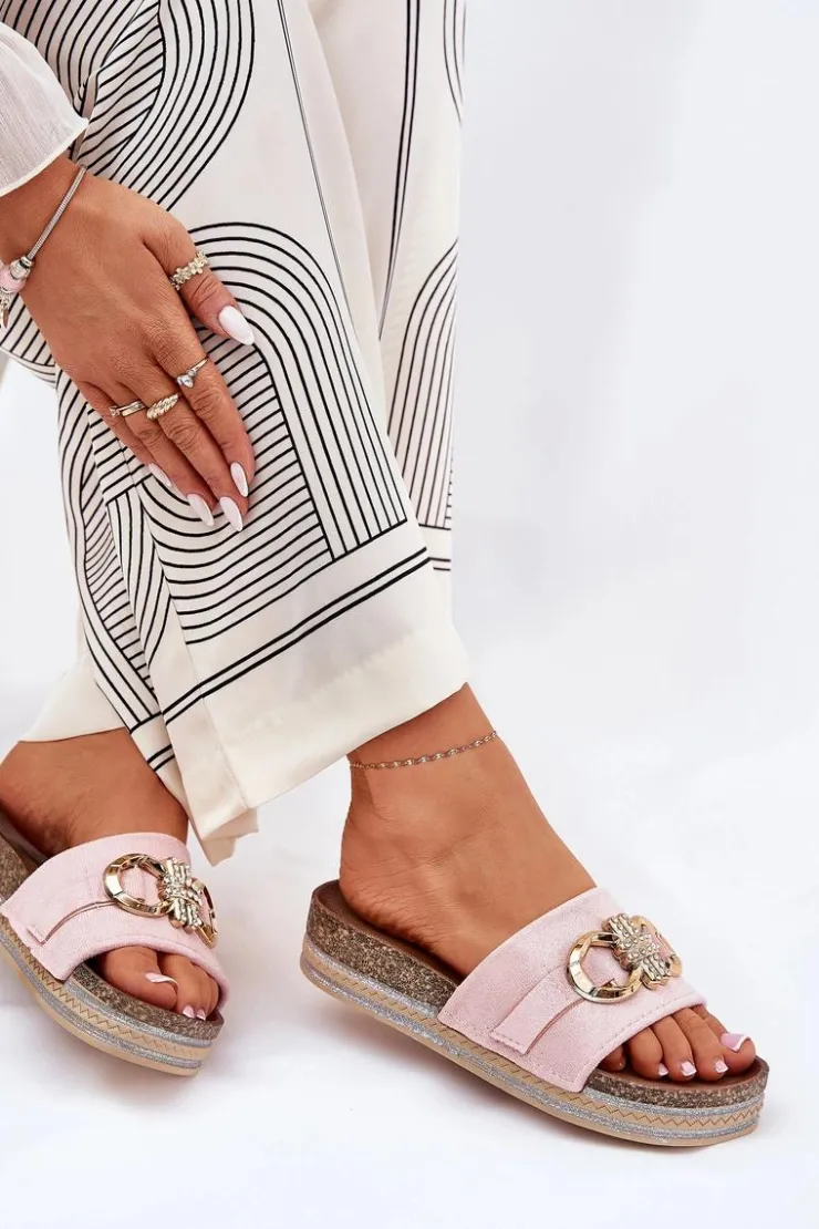 Boto Klapki Korkowe|Klapki Na Platformie*Klapki Damskie Na Platformie Z Brokatem I Złotą Ozdobą Różowe Rilirea