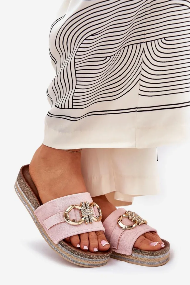 Boto Klapki Korkowe|Klapki Na Platformie*Klapki Damskie Na Platformie Z Brokatem I Złotą Ozdobą Różowe Rilirea