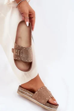 Boto Klapki Korkowe|Klapki Na Platformie*Klapki Damskie Na Platformie Z Klamrą I Ćwiekami Khaki Nusithia