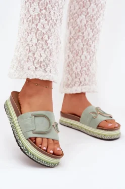 Damskie Boto Klapki Damskie Na Platformie Z Ozdobą Zielone Daphira