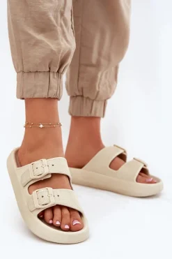 Boto Klapki Damskie Na Platformie Z Klamrami Beżowe Nitiana