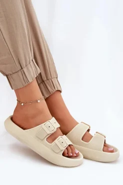 Boto Klapki Damskie Na Platformie Z Klamrami Beżowe Nitiana