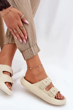 Boto Klapki Damskie Na Platformie Z Klamrami Beżowe Nitiana