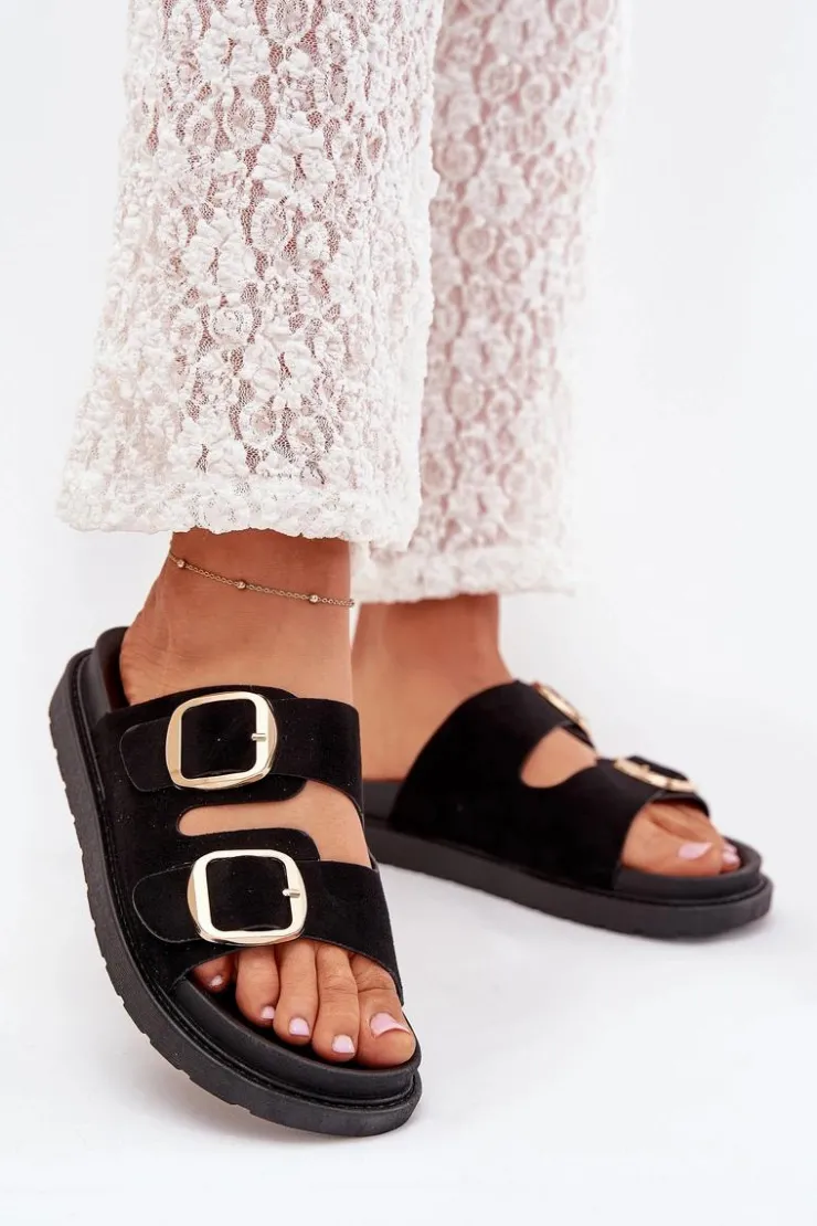 Damskie Boto Klapki Damskie Na Platformie Ze Złotymi Klamrami Czarne Verena