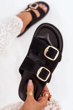 Damskie Boto Klapki Damskie Na Platformie Ze Złotymi Klamrami Czarne Verena