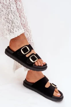 Damskie Boto Klapki Damskie Na Platformie Ze Złotymi Klamrami Czarne Verena