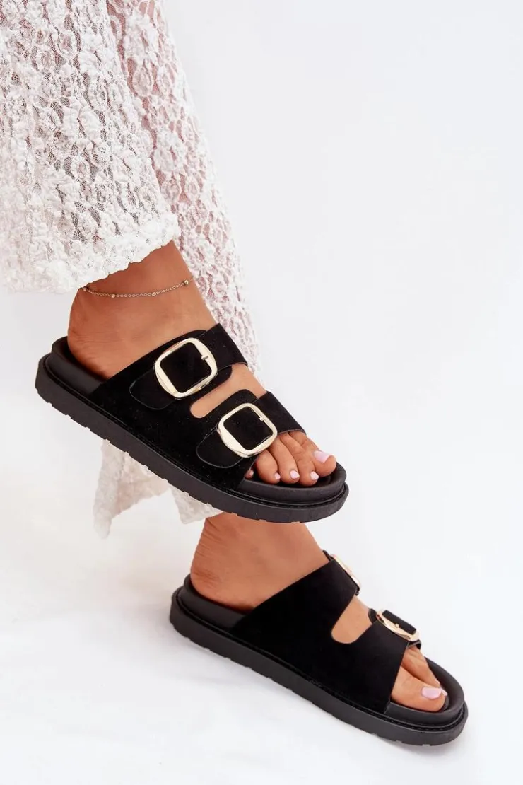 Damskie Boto Klapki Damskie Na Platformie Ze Złotymi Klamrami Czarne Verena