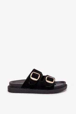 Damskie Boto Klapki Damskie Na Platformie Ze Złotymi Klamrami Czarne Verena