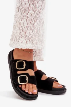 Damskie Boto Klapki Damskie Na Platformie Ze Złotymi Klamrami Czarne Verena