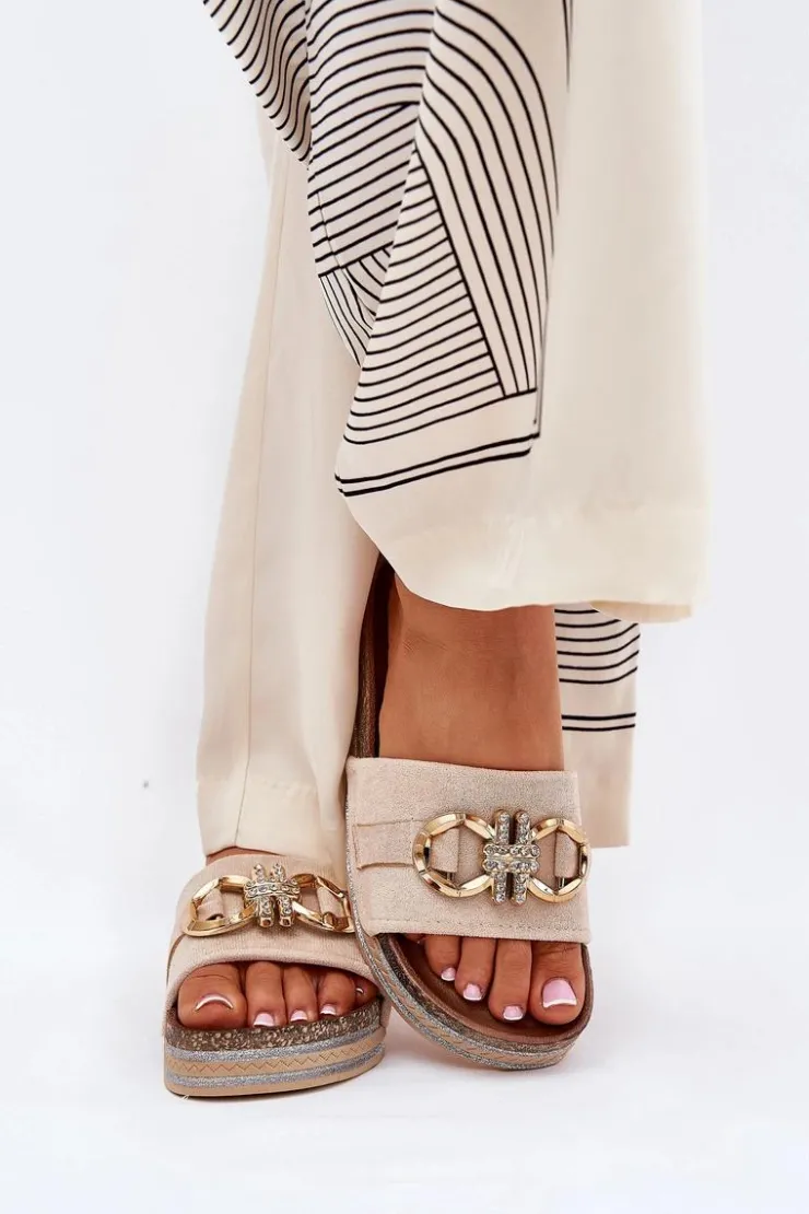 Damskie Boto Klapki Damskie Na Platformie Z Brokatem I Złotą Ozdobą Beżowe Rilirea