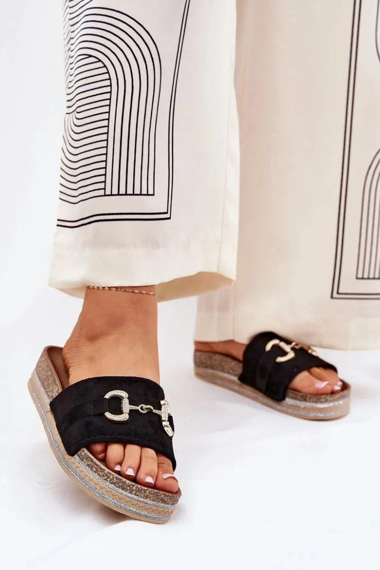 Damskie Boto Klapki Damskie Na Platformie Ze Złotą Ozdobą I Brokatem Czarne Morisela