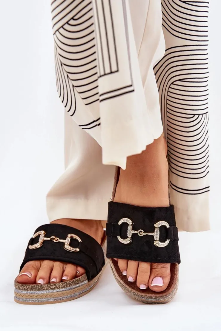 Damskie Boto Klapki Damskie Na Platformie Ze Złotą Ozdobą I Brokatem Czarne Morisela