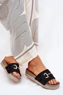 Damskie Boto Klapki Damskie Na Platformie Ze Złotą Ozdobą I Brokatem Czarne Morisela