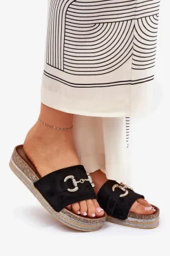 Damskie Boto Klapki Damskie Na Platformie Ze Złotą Ozdobą I Brokatem Czarne Morisela