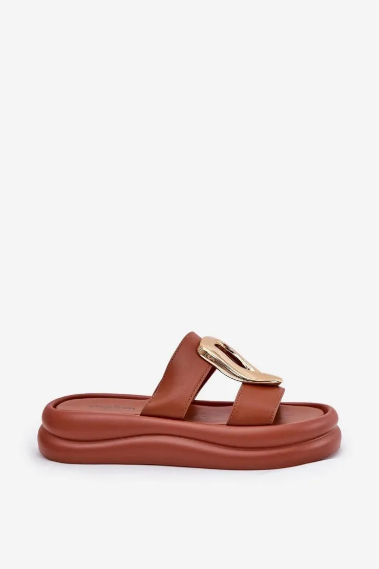 Hot Boto Klapki Damskie Na Platformie Ze Złotym Detalem Camel Ularinea Brązowy