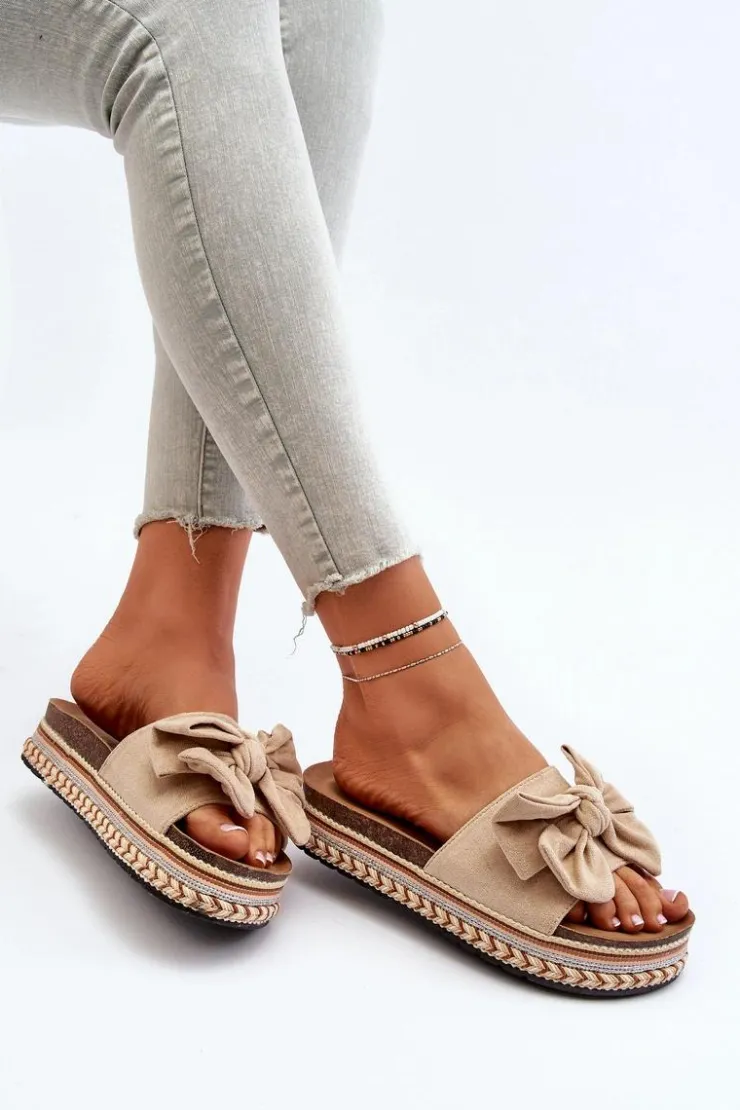 Damskie Boto Klapki Damskie Na Platformie Z Kokardą Beżowe Evatria