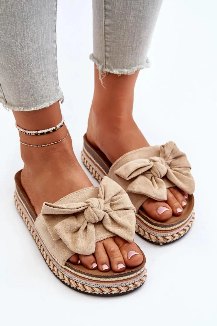 Damskie Boto Klapki Damskie Na Platformie Z Kokardą Beżowe Evatria