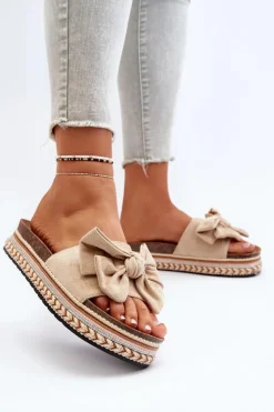 Damskie Boto Klapki Damskie Na Platformie Z Kokardą Beżowe Evatria