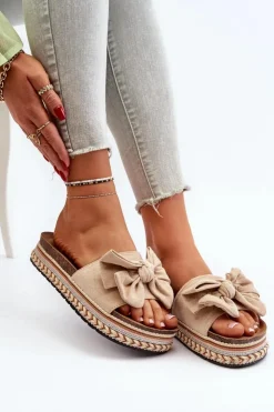 Damskie Boto Klapki Damskie Na Platformie Z Kokardą Beżowe Evatria