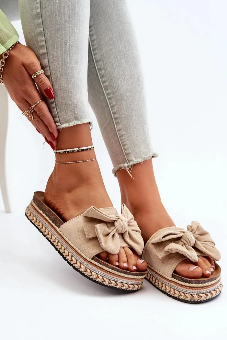 Damskie Boto Klapki Damskie Na Platformie Z Kokardą Beżowe Evatria