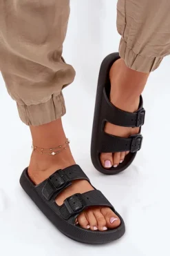 Damskie Boto Klapki Damskie Na Platformie Z Klamrami Czarne Nitiana