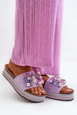 Damskie buty S.Barski Klapki Na Platformie|Klapki Damskie Klasyczne*Klapki Damskie Na Platformie Z Ozdobami S.Barski HY077 Fioletowe