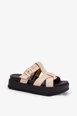 Damskie Boto Klapki Damskie Na Platformie Z Paskami I Klamrą Beżowe Elimessa