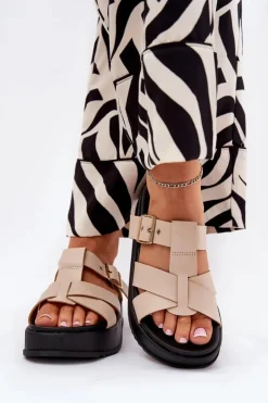 Damskie Boto Klapki Damskie Na Platformie Z Paskami I Klamrą Beżowe Elimessa