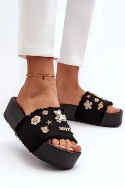 Damskie Boto Klapki Damskie Na Platformie Z Przypinkami Czarne Zranesia