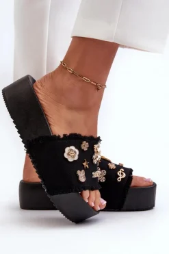 Damskie Boto Klapki Damskie Na Platformie Z Przypinkami Czarne Zranesia