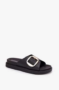 Damskie Boto Klapki Damskie Na Platformie Ze Złotą Klamrą Czarne Jovira