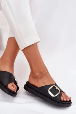 Damskie Boto Klapki Damskie Na Platformie Ze Złotą Klamrą Czarne Jovira