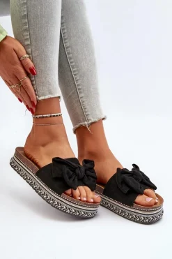 Boto Klapki Damskie Na Platformie Z Kokardą Czarne Evatria