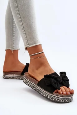 Boto Klapki Damskie Na Platformie Z Kokardą Czarne Evatria