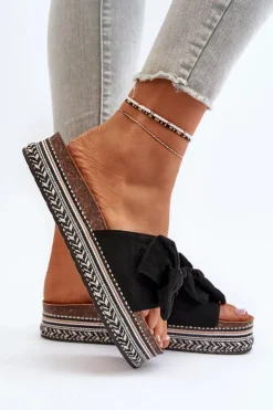 Boto Klapki Damskie Na Platformie Z Kokardą Czarne Evatria