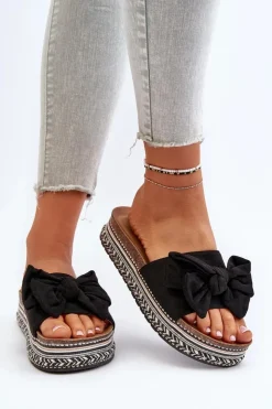 Boto Klapki Damskie Na Platformie Z Kokardą Czarne Evatria